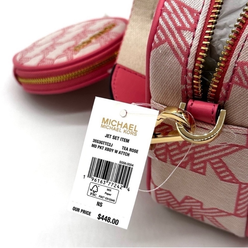 Michael Kors Jet Set Medium Crossbody Bag Tech Accessories Attached Tea Rose - Picture 13 of 13